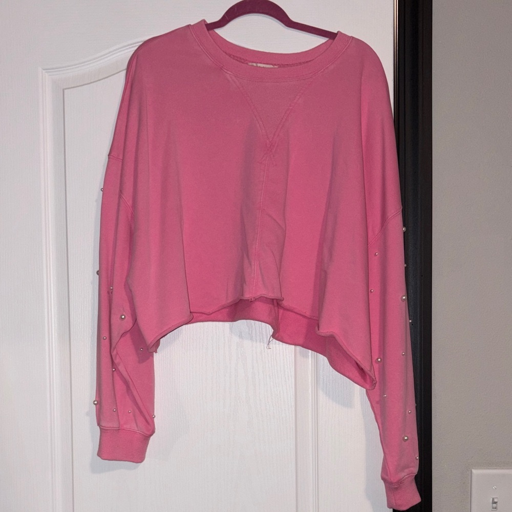 Pink Women's Cropped Top with Pearl Accents